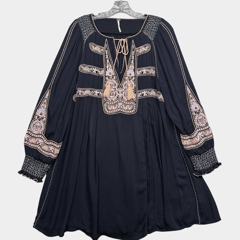 Free People Wind Willow Embroidered Mini Dress XS Black Tassel Peasant Boho